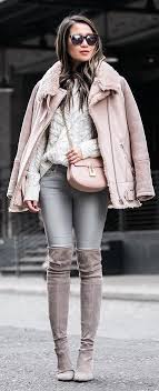 Winter Fashion Pink Jacket Grey Skinny Jeans Brown Velvet Otk Boots White Knit Winter Fashion Fashion Winter Outfits