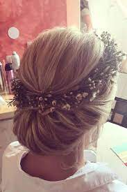 Updo Hairstyle With Floral Crown Wedding Hairstyles Hairstyle Ideas For Bride Wedding Hair Ideas Crown Hairstyles Bridal Hair Updo Bridal Hair