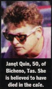 Janet Quin and her husband Neville owned the East Coast Wildlife Park at  Bicheno. Contrary to the caption above, they were running away from the  carpark outside the Broad Arrow cafe when