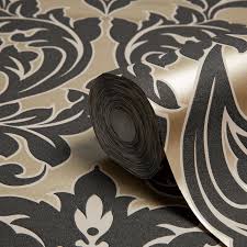 Majestic Black Gold Effect Damask Wallpaper Departments Diy At B Q Damask Wallpaper Damask Diy Wallpaper