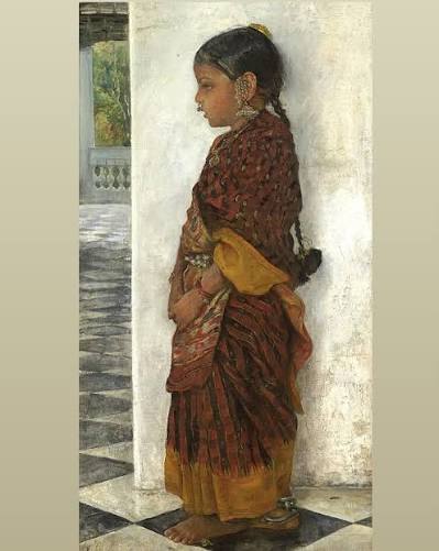 This stunning painting from 1895 by Herman Linden captures a young Indian girl in a Pochampally saree, standing silently, in a veranda. Every line in that fabric isn't printed—it's precision-dyed before weaving,