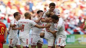 Denmark's kasper dolberg, centre, celebrates after scoring his side's opening goal during the euro 2020 soccer championship round of 16 match between wales and denmark at johan cruyff arena in. Idghdi6m Oxsnm