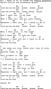 Country Music Song All I Have To Do Is Dream The Everly Brothers Lyrics And Chords Country Music Songs Lyrics And Chords Guitar Songs