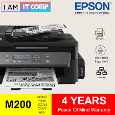 Epson'un ilk hepsi bir arada düşük maliyetli ofis baskı çözümü olan ilk mono dahili mürekkep tankı sistemli, ethernet. Epson M200 Mono All In One Print Scan Copy With 30 Sheet Adf Original Ink Tank