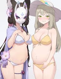 wakamo (blue archive), pregnant, bikini, outie navel, nonomi (blue archive)  - Anime R34