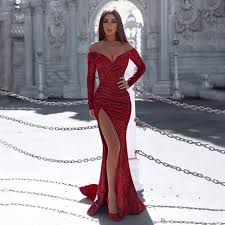 Off Shoulder Long Sleeve V Neck Dress In 2020 Red Long Sleeve Dress Red Prom Dress Fishtail Dress