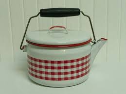 Black And White Checkered Tea Kettle Nice Vintage Red Gingham And White Enamel Tea By Newlifevintagervs 42 00 Vintage Enamelware Red Gingham Tea Pots