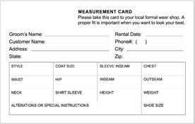 varani formal wear tuxedo measurement card and measurement