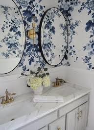 Blue Wallpaper Blue Floral Wallpaper Floral Wallpaper Round Black Mirror Round Black Bathroom Mirror Ba Bathroom Wallpaper Indigo Wallpaper Room Wallpaper