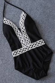 Fashionable halter voile spliced floral pattern backless swimwear for women. Ellady Deep Plunge Neck Crochet Panel Halter Backless One Piece Swimsu Popkini