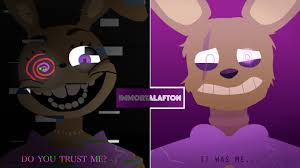 In the images, springtrap has human eyes rather than animatronic eyes, though they may be springtrap's, jammed into purple guy's skull when the spring locks failed. Purple Guy On Tumblr