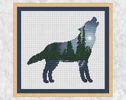 Wolf Cross Stitch Pattern Modern Forest Counted Cross