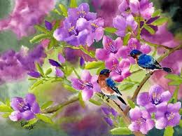 Blue Birds And Flowers Wallpaper Blue Birds With Azalea Painting By Eileen Fong Blue Bird Bird Wallpaper Painting