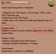 While somewhat weaker than its european counterpart, the imperial camel also costs much less. In Full Tech Tree Mode Indians Get Imp Camel But Italians Are Missing Condottieri Condottieros Berbers Are Missing Genitours And Tatars Are Missing Flaming Camels Ii Report A Bug