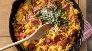 Pesto Spaghetti Squash Skillet With Hillshire Farm Smoked Sausage Recipe Pesto Spaghetti Squash Smoked Sausage Recipes Sausage Recipes