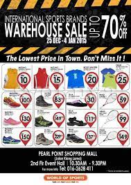 Welcome to world of sport fans page.world of sport is an online badminton store based in malaysia which is also provide you with the highest quality product,at. Sell World Of Sports Warehouse Sale 2014 For Branded Sportwear Shoes Clearance Pearl Point Shopping Mall 25 Dec 4 Jan 2014