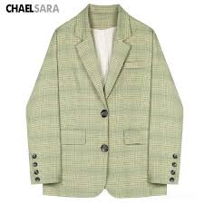 2020 Vintage Plaid Blazers Jacket Women Elegant Light Green Single Button Loose Korean Suit Coat From Huoxiang 76 58 Dhgate Com