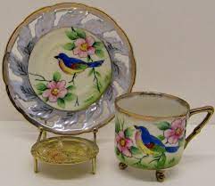 Japan Footed Cup Pierced Saucer Blue Bird Cherry Blossoms Tea Party Garden Vintage Chinaware Tea Journal