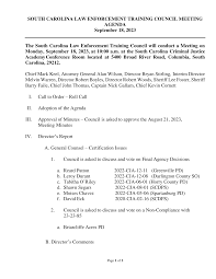 SOUTH CAROLINA LAW ENFORCEMENT TRAINING COUNCIL MEETING AGENDA September  18, 2023 The South Carolina Law Enforcement Training Co