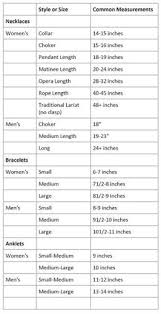 necklace bracelet sizing chart for men and women