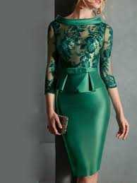 Wedding guest cocktail dresses and attire. Sheath Column Peplum Wedding Guest Cocktail Party Dress Jewel Neck 3 4 Length Sleeve Knee Length Satin With Buttons Appliques 2021 7782440 2021 99 99