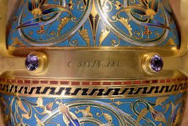 Louis-Constant SÉVIN (1821-1888) and Ferdinand BARBEDIENNE (1810-1892),  Exceptional Pair of Ornamental Vases in Bronze and Enamel, model presented  during the International Exhibition of London in 1862