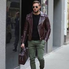 Men S Dark Brown Leather Biker Jacket Black Crew Neck Sweater Olive Cargo Pants Dark Purple Leather Briefcase Leather Jacket Style Motorcycle Jacket Outfit Leather Jacket Men