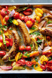 Sheet Pan Sausage With Peppers And Tomatoes Recipe Stuffed Peppers Sausage Dishes Recipes