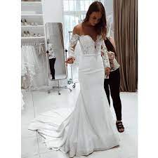 Gorgrous Off Shoulder Mermaid Wedding Dresses Lace Top Long Sleeve Tulle Bridal Gown Kx750 Wedding Dress Long Sleeve Wedding Dress Chiffon Long Wedding Dresses