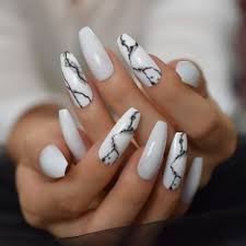 White and gray marble nails. Black Marble Faux Ongles Extra Long White Mix Coffin Nails High Light Glossy Uv Nail Art Tips Pre Designed 28pcs False Nails Aliexpress