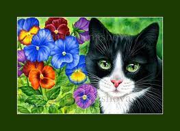 Tuxedo Botanical Cat Print Pansies By Irina Garmashova Etsy Cat Painting Cat Artwork Cat Art