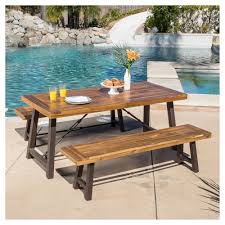 Catriona 3pc Acacia Wood Picnic Table Teak Finish Christopher Knight Home Outdoor Dining Table Picnic Table Outdoor Dining