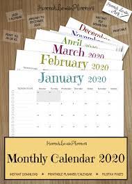 2020 Monthly Calendar Printable Monthly Planner Wall Calendar Digital Download Monthly Calendar Wall Calendar Calendar