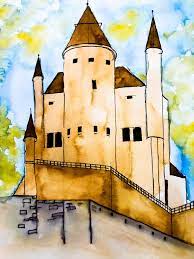 A Watercolor Painting Of A Castle Acuarela Casas