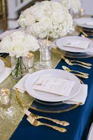 Real Weddings Tips Inspiration And More From Cj S Off The Square Navy Blue And Gold Wedding Blue Wedding Decorations Wedding Table Settings Gold
