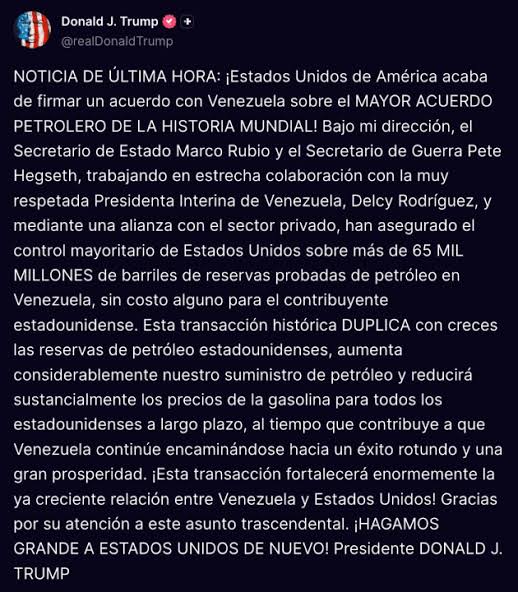 Trump selló un acuerdo petrolero con Venezuela y afirmó que EE.UU. tendrá el control mayoritario de sus reservas - Diario Río Negro