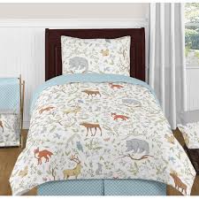 Checked and toile and white makes so very pretty and fresh bedding! Woodland Animal Toile Collection Boy Or Girl 4 Piece Twin Size Comforter Set Grey Green Brown Bear Deer Fox Forest Animals Overstock 32460821