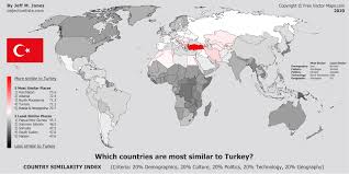 Turkey, country that occupies a unique geographic position, lying partly in asia and partly in europe the modern turkish republic was founded in 1923 after the collapse of the ottoman empire, and its. Which Countries Are Most Similar To Turkey Country Similarity Index Mapporn