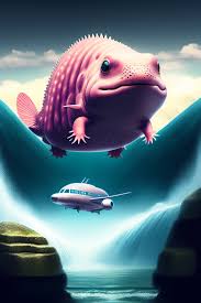 Lexica - Axolotl airplane chibi armor big manga eyes flying over waterfall  in airfight with godzilla