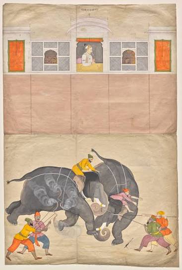 Two Elephants Fighting in a Courtyard Before Muhammad Shah | Cleveland Museum of Art