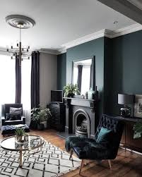 Modern Eclectic Living Room In Gray And White With A Dark Gray Green Accent Wall Living Room Decor Dark Living Rooms Blue Living Room Victorian Living Room