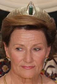 Queen Sonja, Queen consort of King Harald V, wearing the Modern Gold Tiara  (tourmaline setting), Norway (1997; tourmaline, diamonds, gold).