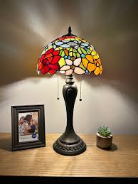 Enjoy Tiffany Style Table Lamp Stained Glass Rose Flowers Vintage H22*W12  In ET1204-B