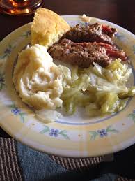 Meat Loaf Mashed Potatoes Cabbage Corn Bread Food Meatloaf Cornbread