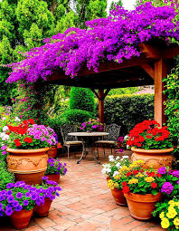 A vibrant garden scene featuring a cozy outdoor patio with a variety of colorful flowers in full bloom. The garden is adorned with large terracotta pots filled with purple, red, yellow, white,