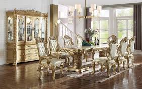The homeowner wanted a formal place to entertain, but expressed a desire for the room to have a casual side. Meridian Furniture 703 Bennito Dining Room Set 9pcs In Rich Gold Hand Crafted 703 Set Dining Set 9