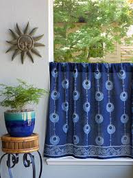 blue kitchen curtains, island, vintage