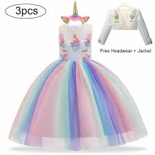 Details About 3pcs Unicorn Dress Birthday Kids Dresses For Girls Costume Party Princess Dress In 2020 Princess Dress Unicorn Dress Girls Dresses