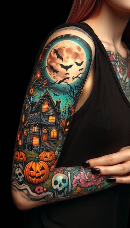 Spooky Halloween-Themed Tattoo: Haunted House & Pumpkins