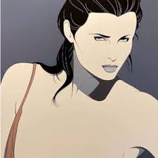 Patrick Nagel Serigraph NC14 Woman With Longer Black Hair and Tan Strap  Over Her Right Shoulder.